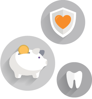Piggy bank icon, heart shield icon, tooth icon
