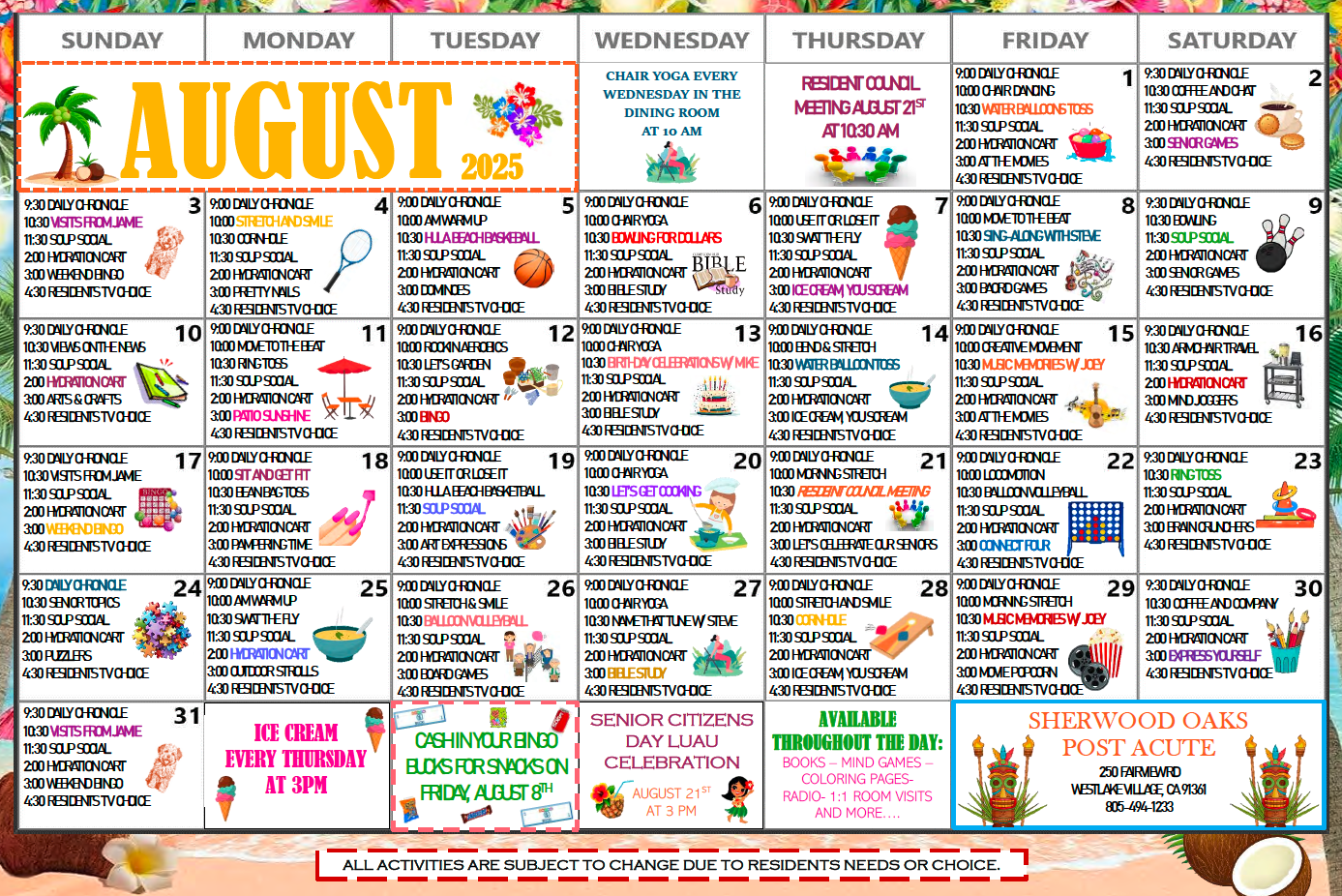 Sherwood Oaks August activity calendar