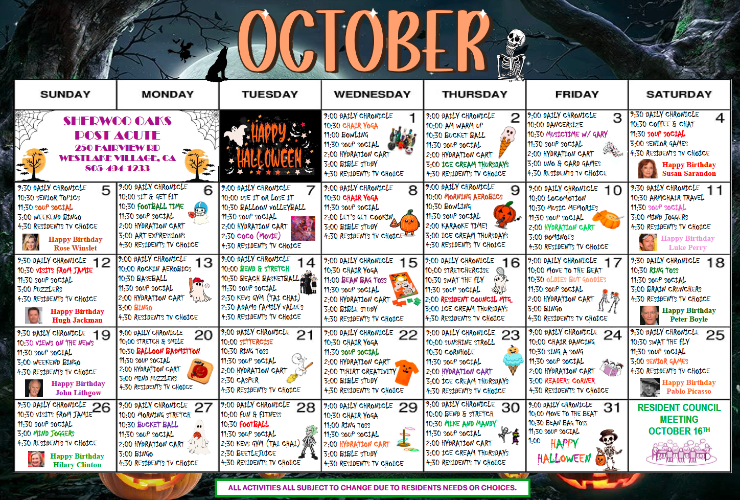 Sherwood Oaks October calendar