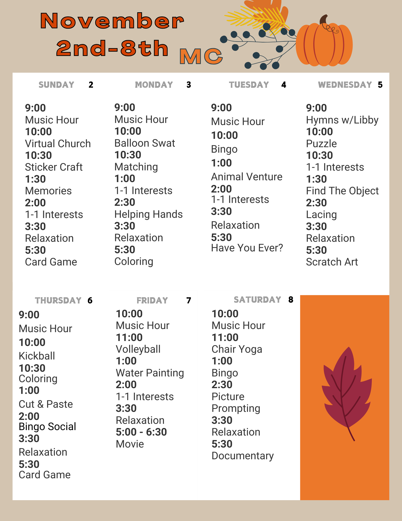 calendar of events for november