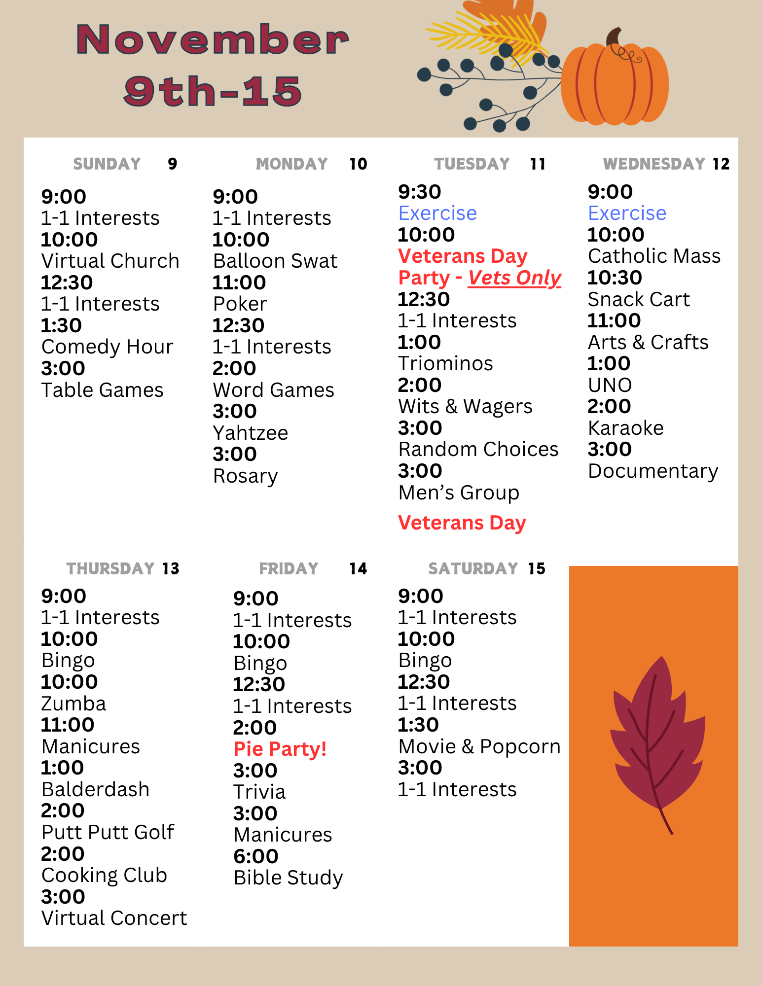 November 9-15 activity calendar