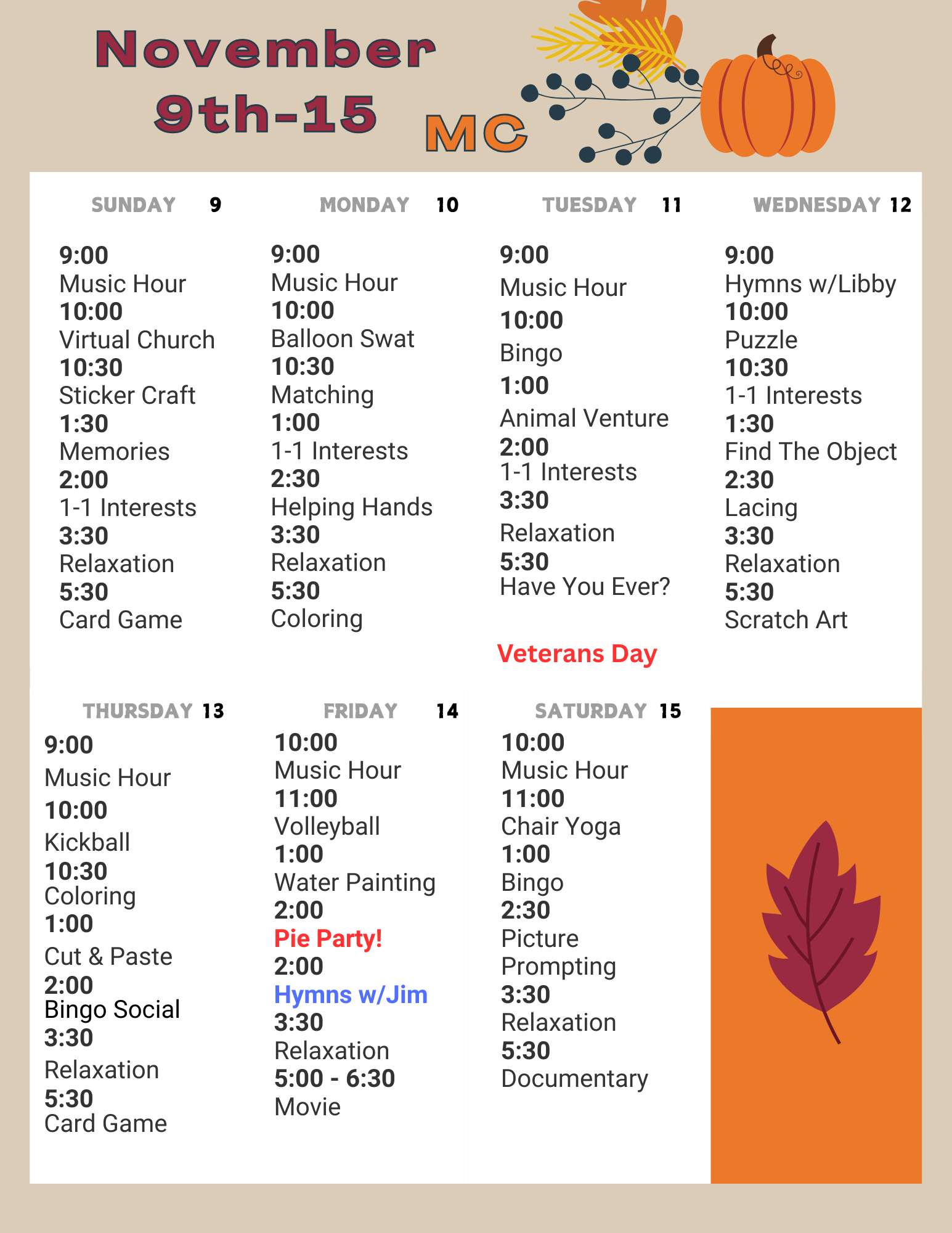 November 9-15 Activity calendar for Memory Care