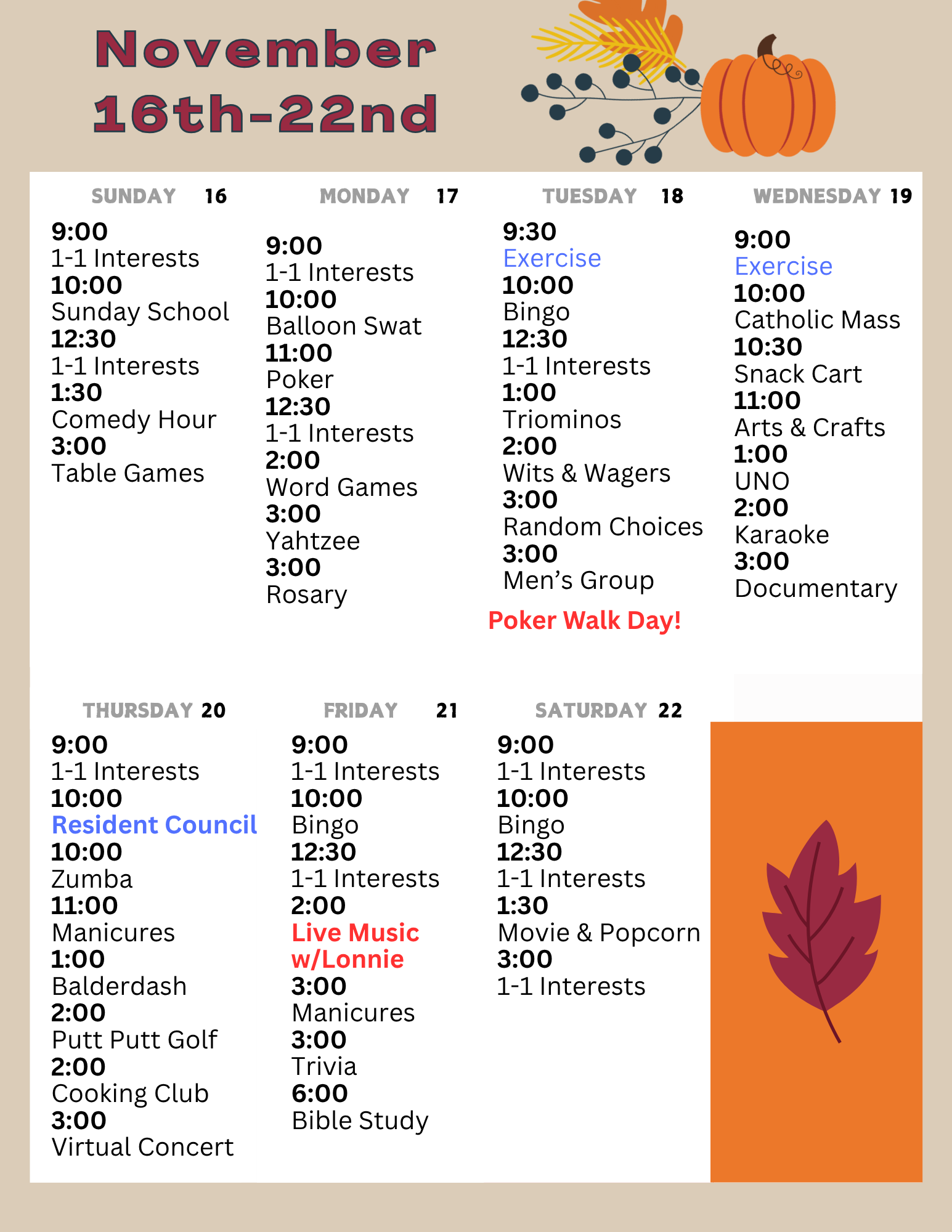 November 16-22 activity calendar