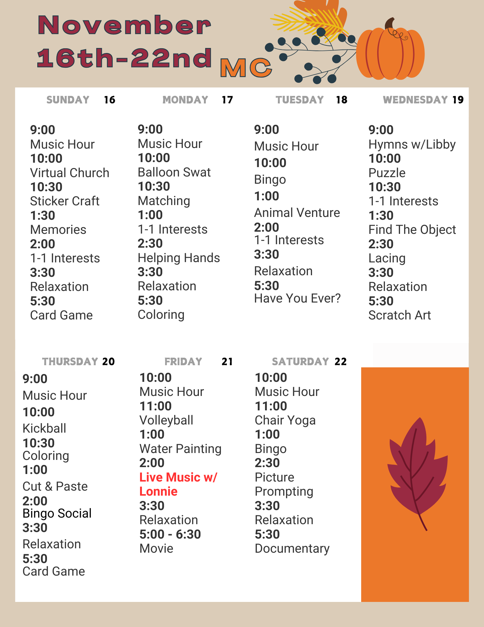 November 16-22 activity calendar for memory care
