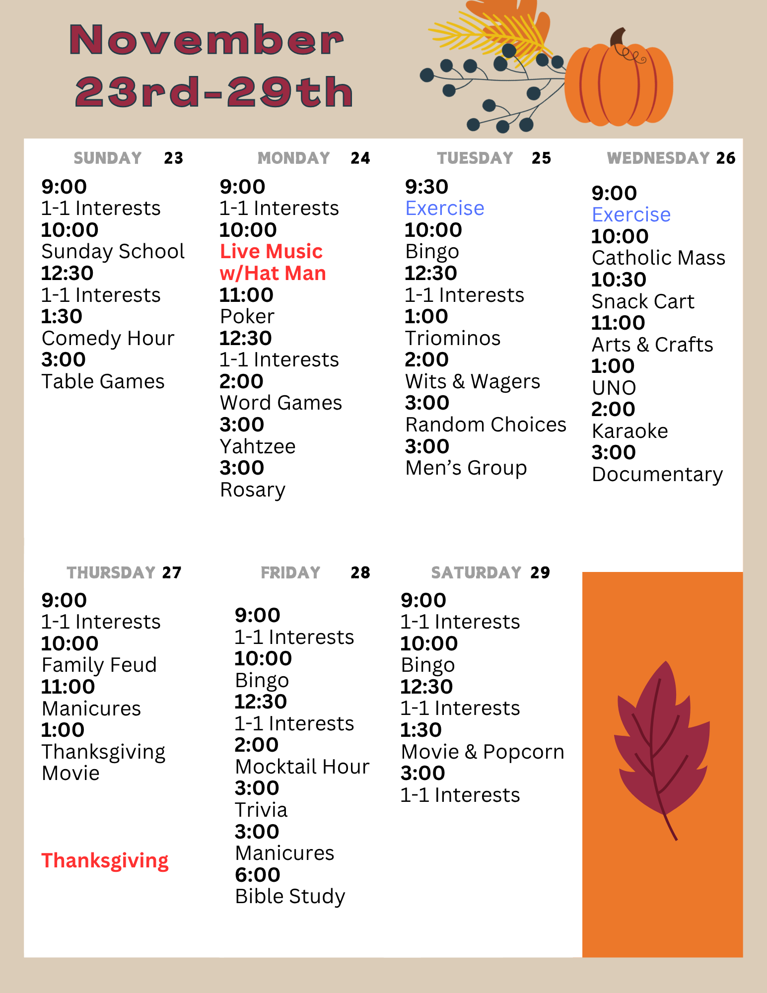 Nov 23-29 activity calendar