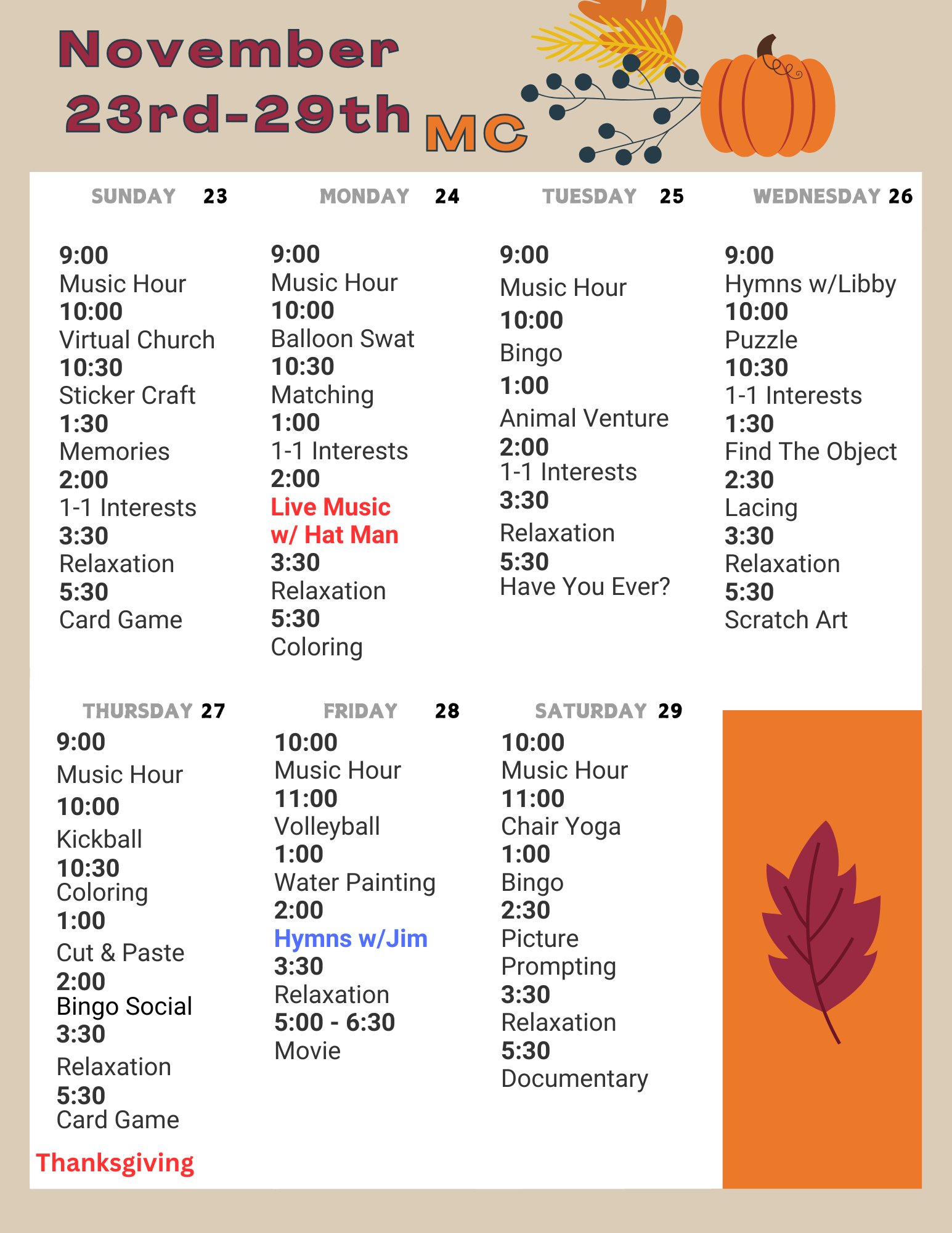 Nov 23 - 29 activity calendar for memory care