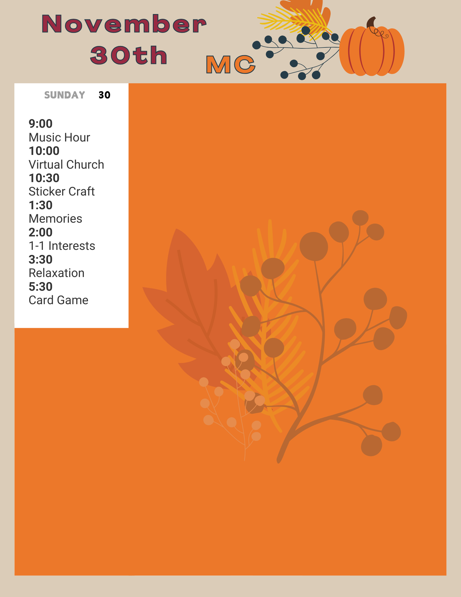 Nov 30 activity calendar for Memory Care