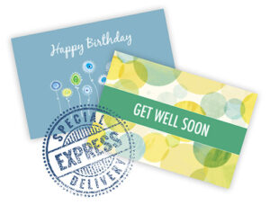 greeting cards that say “happy birthday” and “get well soon”